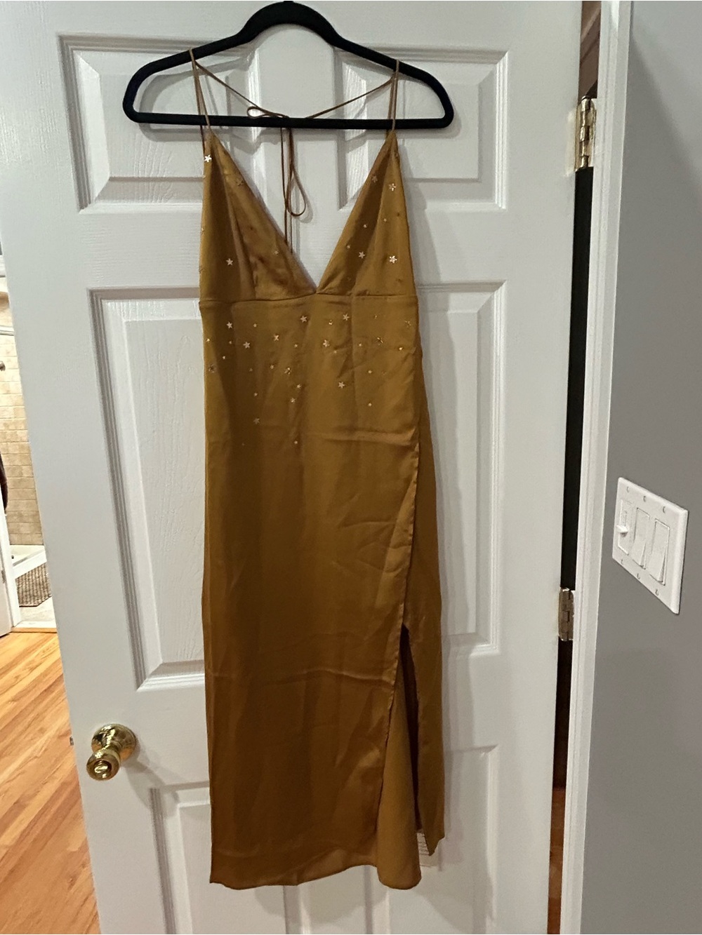 For Love And Lemons Mustard Gold Satin Slip Maxi Dress with Star Studs NWT